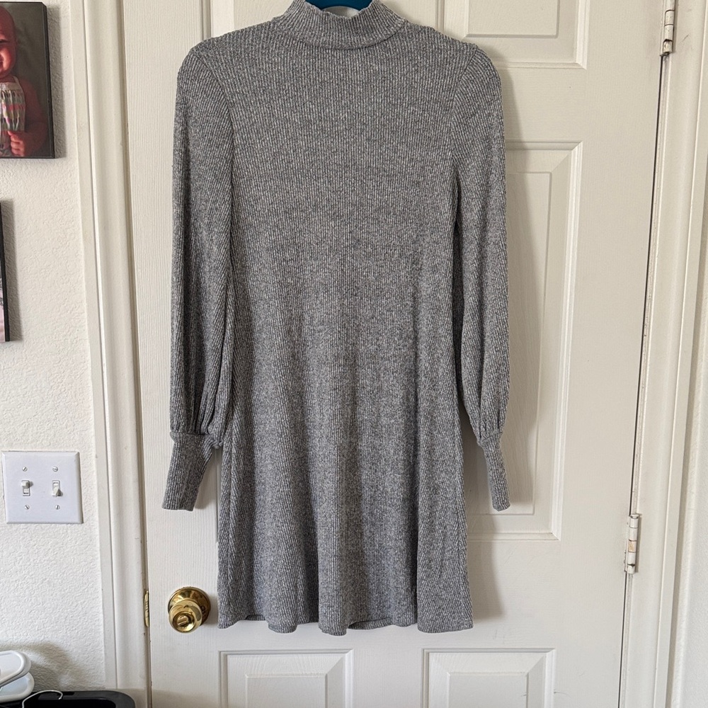 Express Gray Ribbed Long-Sleeve Mock Neck Dress